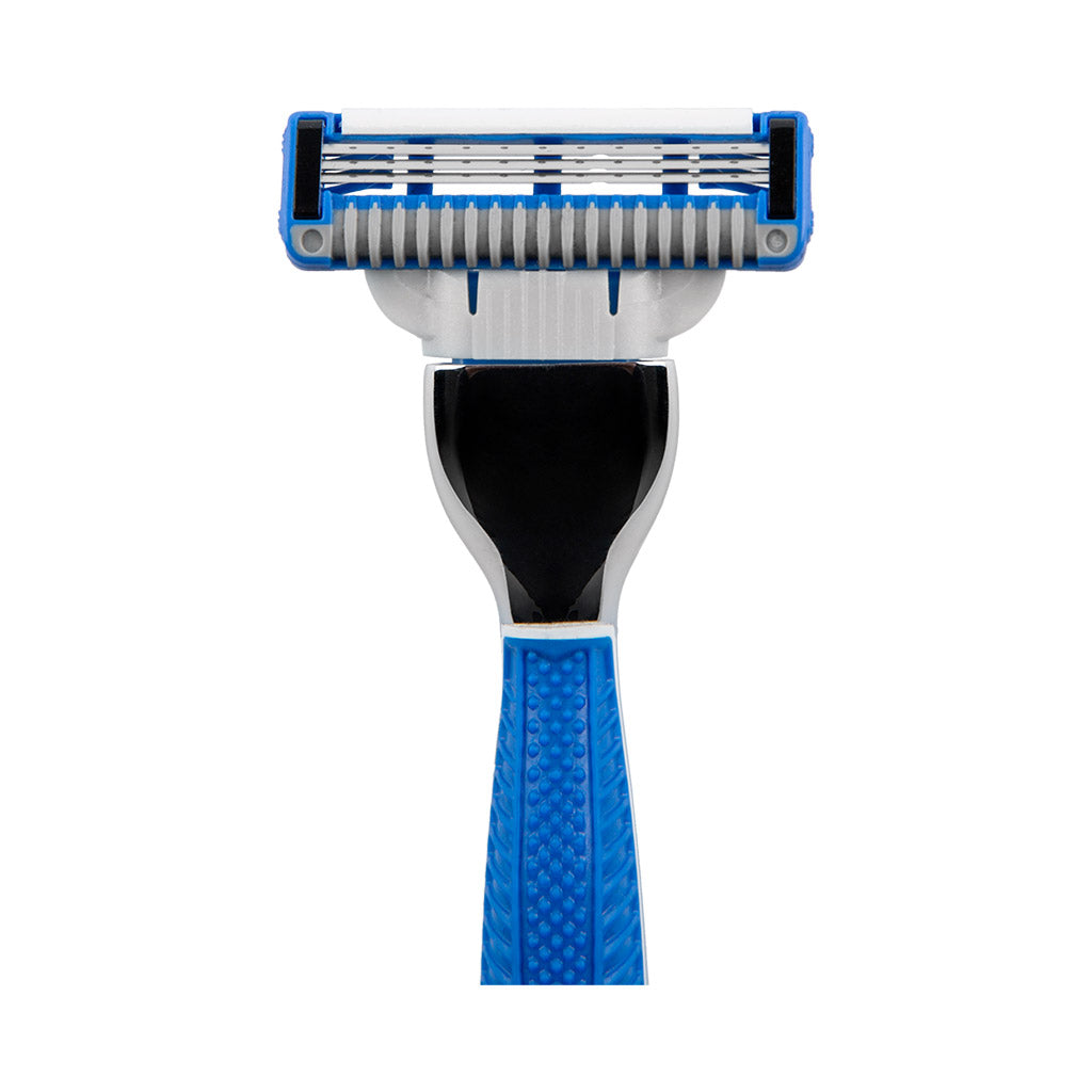 King of Shaves K3 Three Blade Razor and 8 Cartridges close up of cartridge and beard comb