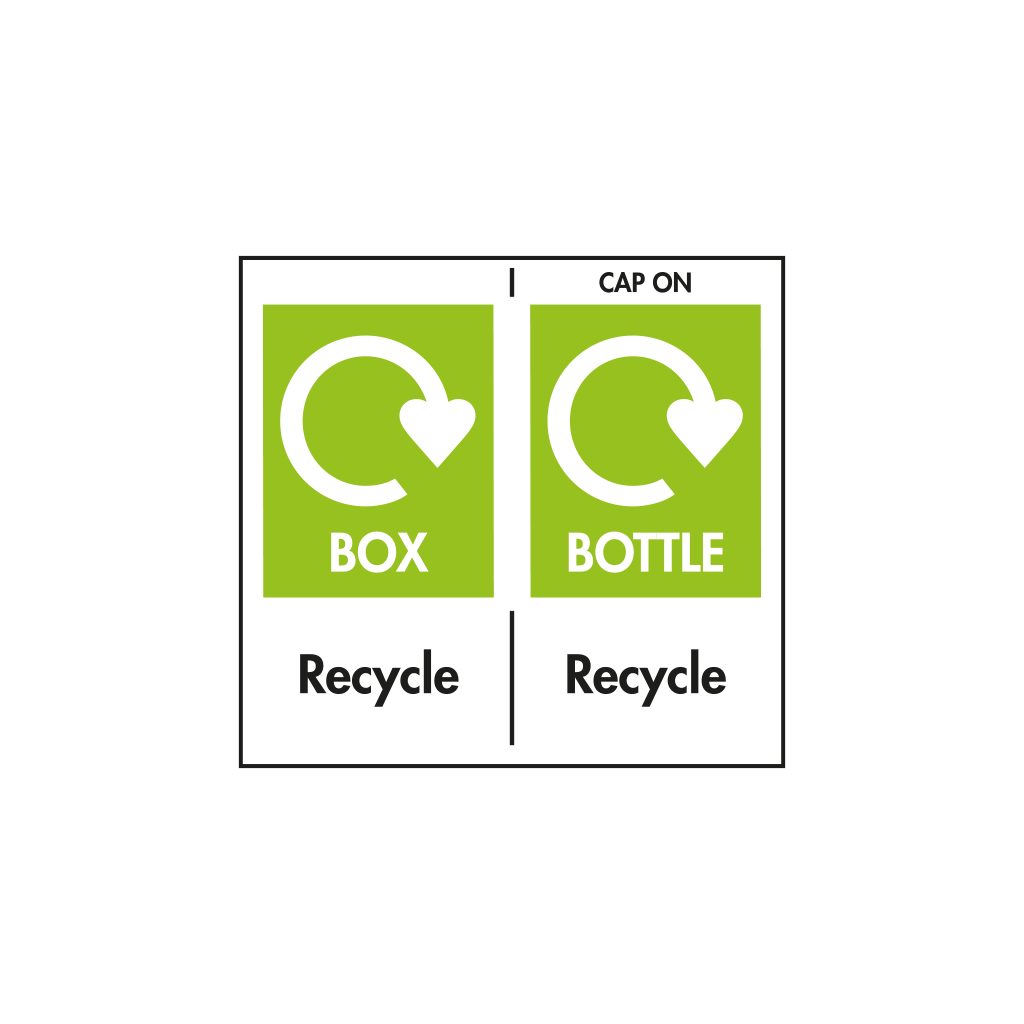 PP Cap. PE Plug. PETG Bottle. Card Carton. Please recycle.
